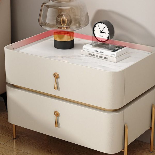 Modern Luxury Rectangular Microfiber Leather Marble Slab Solid Wood Metal Nightstand 2-Drawer For Bedroom - Image 12