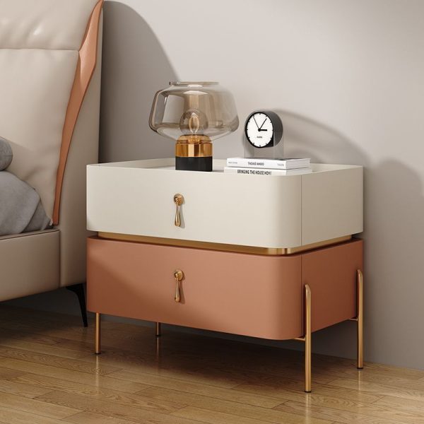 Modern Luxury Rectangular Microfiber Leather Marble Slab Solid Wood Metal Nightstand 2-Drawer For Bedroom - Image 14