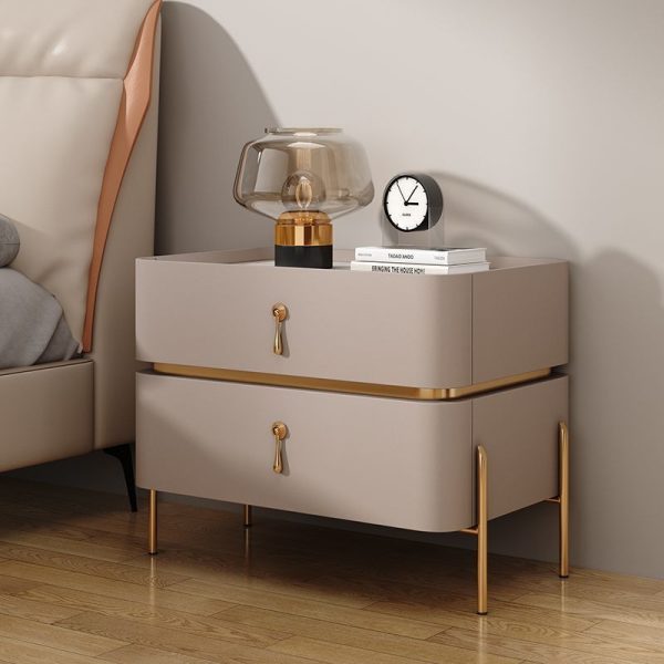 Modern Luxury Rectangular Microfiber Leather Marble Slab Solid Wood Metal Nightstand 2-Drawer For Bedroom - Image 22