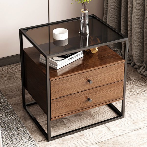Modern Eclectic Rectangular Artificial Panel Glass Iron Nightstand 1/2 Drawer For Bedroom - Image 8