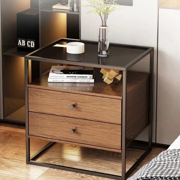 Modern Eclectic Rectangular Artificial Panel Glass Iron Nightstand 1/2 Drawer For Bedroom - Image 3
