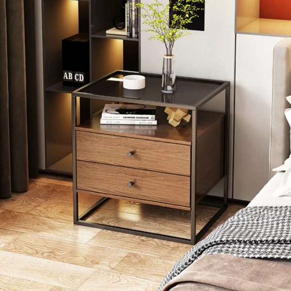 Modern Eclectic Rectangular Artificial Panel Glass Iron Nightstand 1/2 Drawer For Bedroom - Image 2