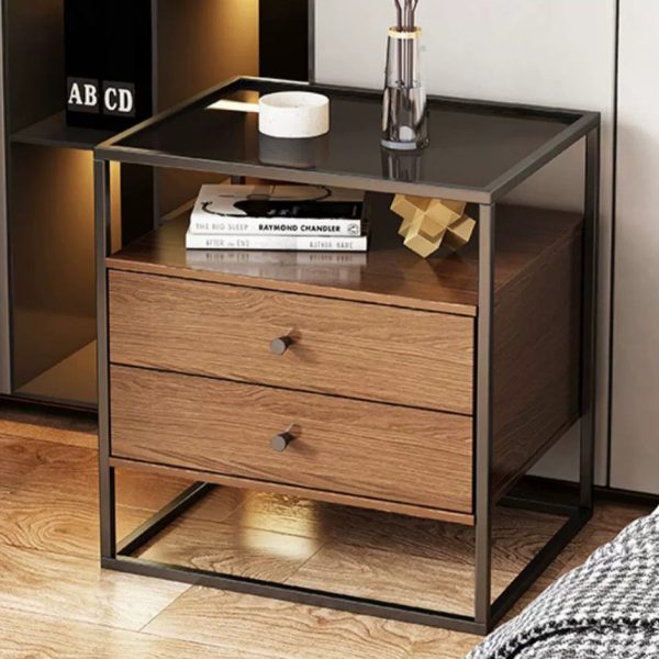Modern Eclectic Rectangular Artificial Panel Glass Iron Nightstand 1/2 Drawer For Bedroom - Image 9
