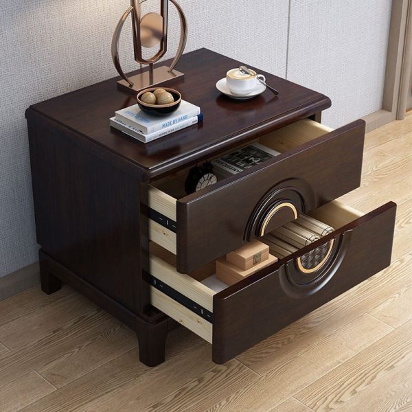 Traditional Chinese Rectangular Solid Wood Metal 2-Drawer Nightstand For Bedroom - Image 12