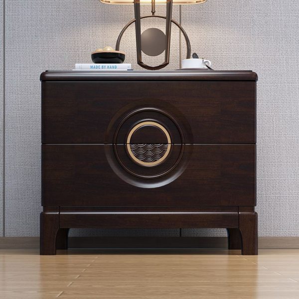 Traditional Chinese Rectangular Solid Wood Metal 2-Drawer Nightstand For Bedroom - Image 13
