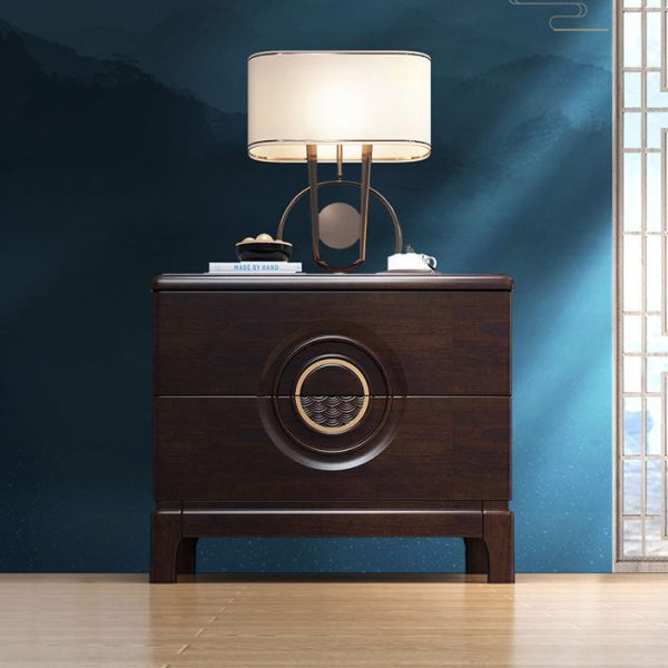 Traditional Chinese Rectangular Solid Wood Metal 2-Drawer Nightstand For Bedroom - Image 3
