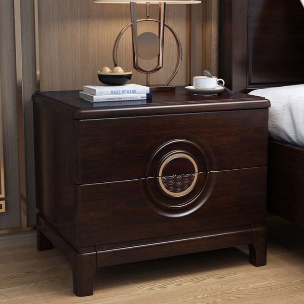 Traditional Chinese Rectangular Solid Wood Metal 2-Drawer Nightstand For Bedroom - Image 2