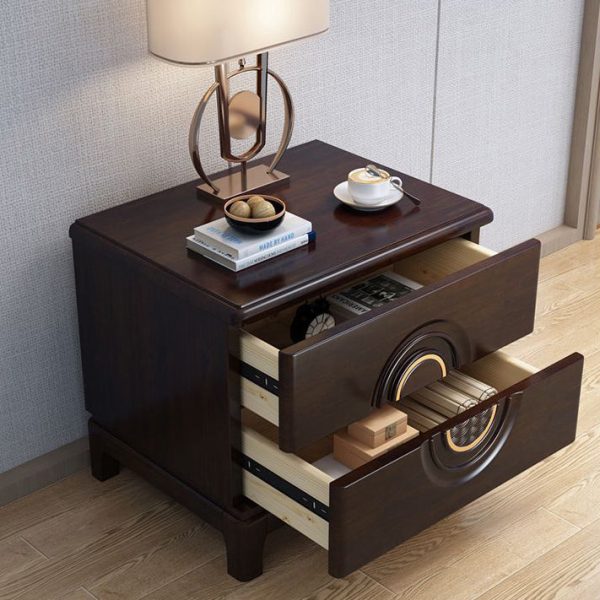 Traditional Chinese Rectangular Solid Wood Metal 2-Drawer Nightstand For Bedroom - Image 10