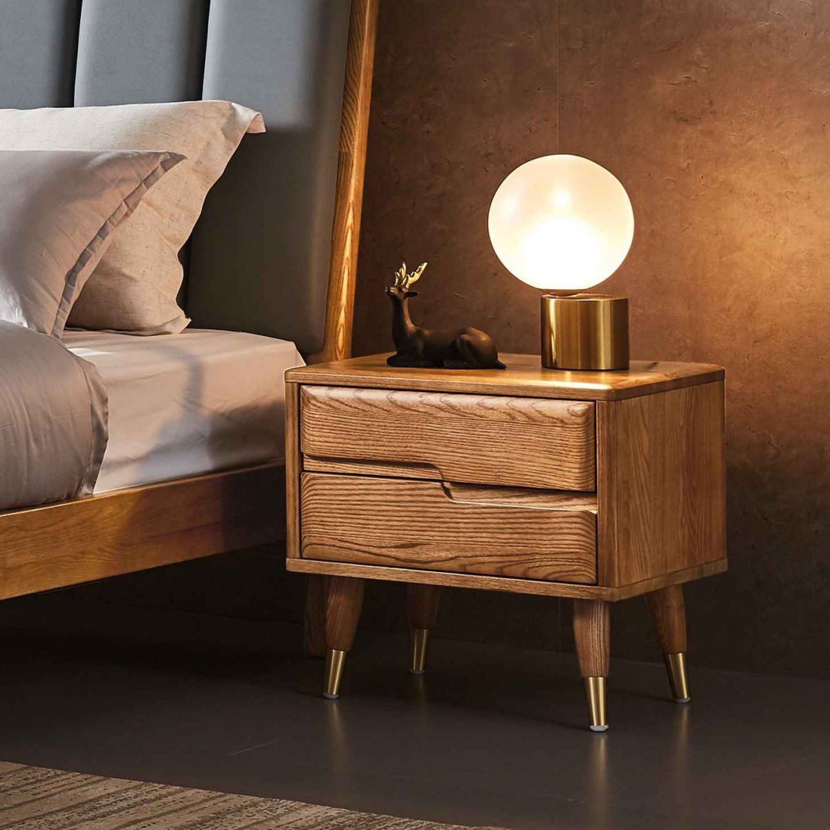 Modern Mid-Century Rectangular Ash Wood Brass Nightstand 1/2 Drawer For Bedroom - Image 10