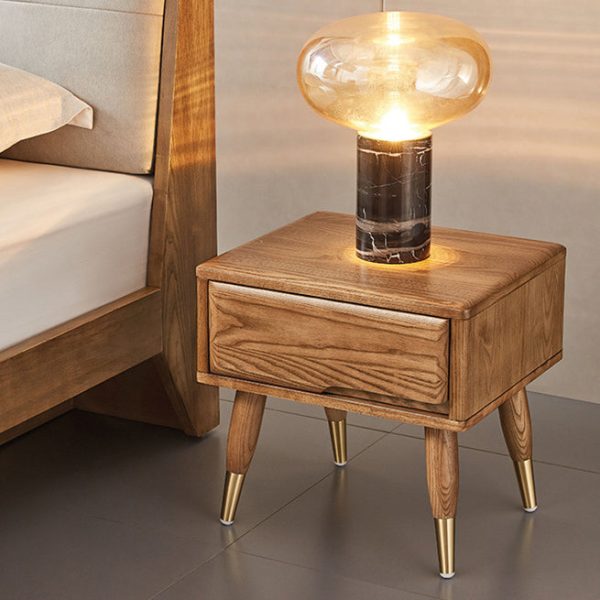 Modern Mid-Century Rectangular Ash Wood Brass Nightstand 1/2 Drawer For Bedroom - Image 14