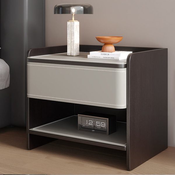 Contemporary Coastal Rectangular Solid Wood Saddle Leather Nightstand 1-Drawer For Bedroom