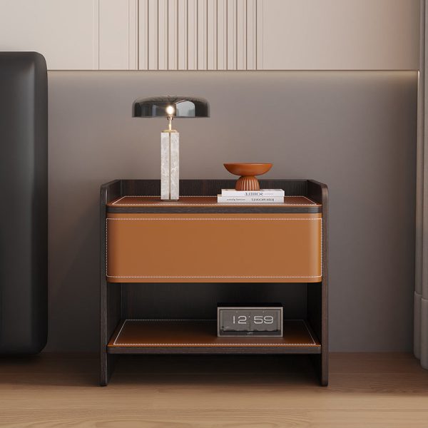 Contemporary Coastal Rectangular Solid Wood Saddle Leather Nightstand 1-Drawer For Bedroom - Image 16