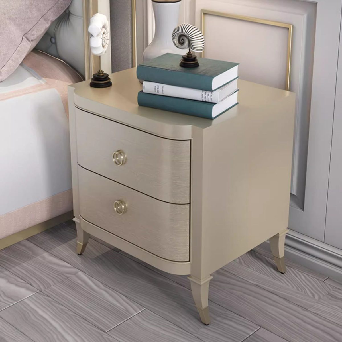 Contemporary Boho Rectangular Tabletop Solid Wood Copper Nightstand 2-Drawer For Bedroom - Image 3