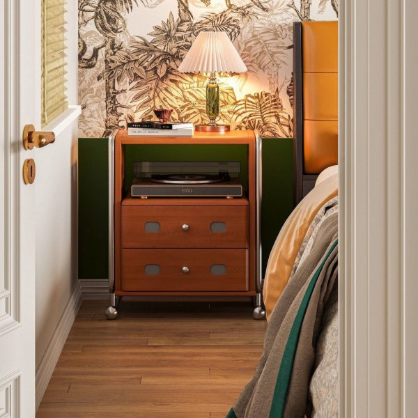 Modern Mid-Century Romantic Rectangular Tabletop Solid Wood Stainless Steel Nightstand 2-Drawer For Bedroom - Image 13