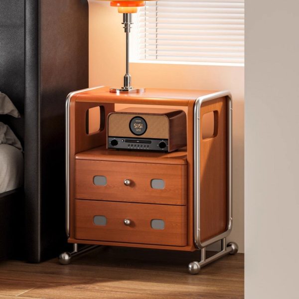 Modern Mid-Century Romantic Rectangular Tabletop Solid Wood Stainless Steel Nightstand 2-Drawer For Bedroom - Image 14
