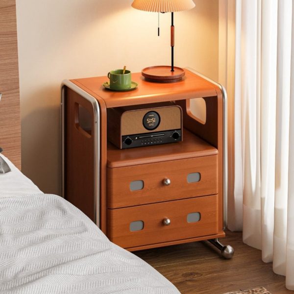 Modern Mid-Century Romantic Rectangular Tabletop Solid Wood Stainless Steel Nightstand 2-Drawer For Bedroom - Image 15