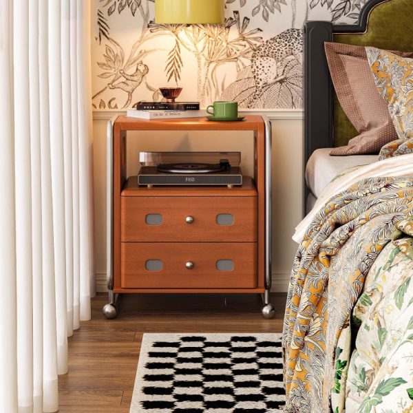 Modern Mid-Century Romantic Rectangular Tabletop Solid Wood Stainless Steel Nightstand 2-Drawer For Bedroom - Image 16