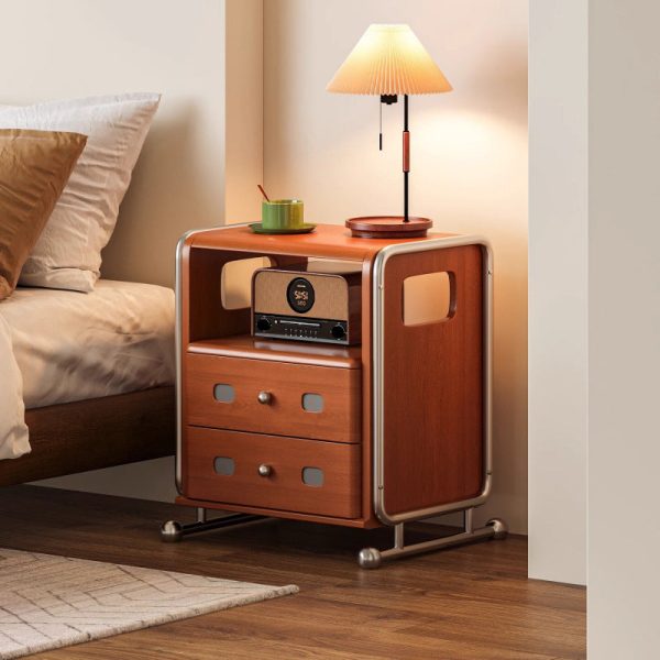 Modern Mid-Century Romantic Rectangular Tabletop Solid Wood Stainless Steel Nightstand 2-Drawer For Bedroom - Image 17