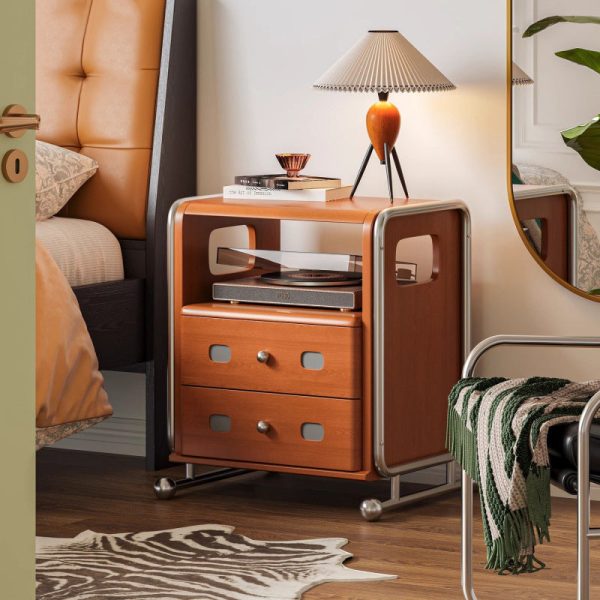 Modern Mid-Century Romantic Rectangular Tabletop Solid Wood Stainless Steel Nightstand 2-Drawer For Bedroom - Image 18