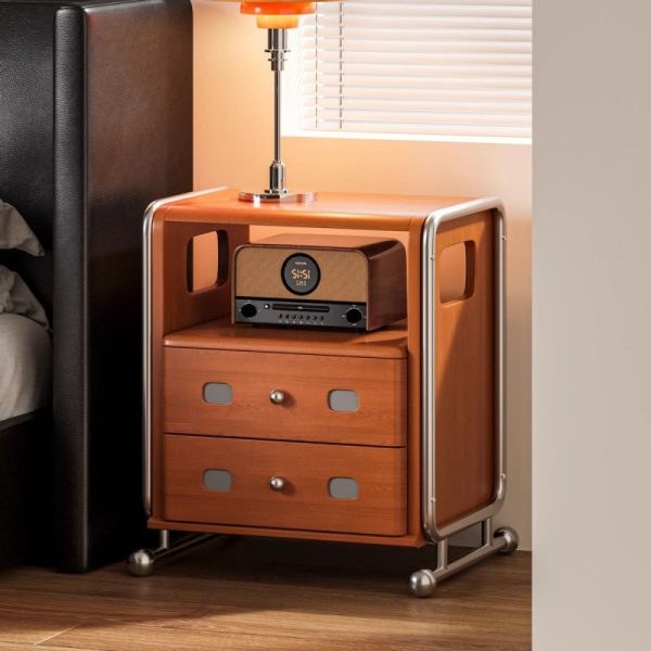 Modern Mid-Century Romantic Rectangular Tabletop Solid Wood Stainless Steel Nightstand 2-Drawer For Bedroom - Image 3