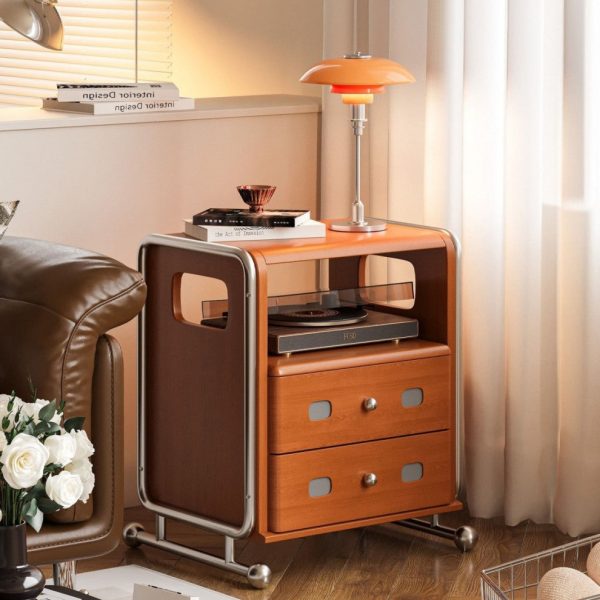 Modern Mid-Century Romantic Rectangular Tabletop Solid Wood Stainless Steel Nightstand 2-Drawer For Bedroom - Image 10