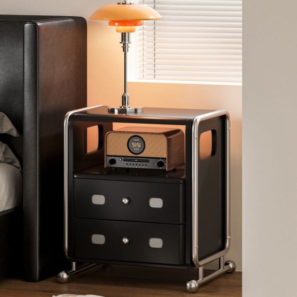 Modern Mid-Century Romantic Rectangular Tabletop Solid Wood Stainless Steel Nightstand 2-Drawer For Bedroom - Image 5
