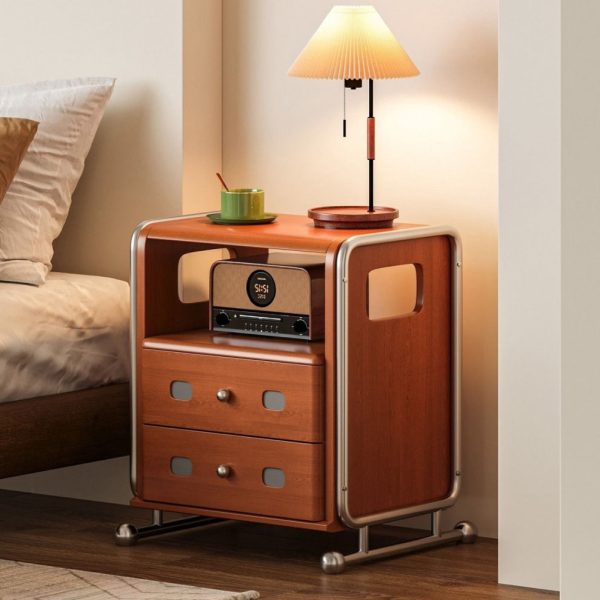 Modern Mid-Century Romantic Rectangular Tabletop Solid Wood Stainless Steel Nightstand 2-Drawer For Bedroom - Image 11