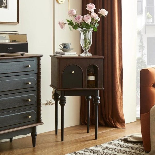 Modern Mid-Century Solid Wood Black Side Table With Slim Legs 1-Cabinet For Living Room - Image 16