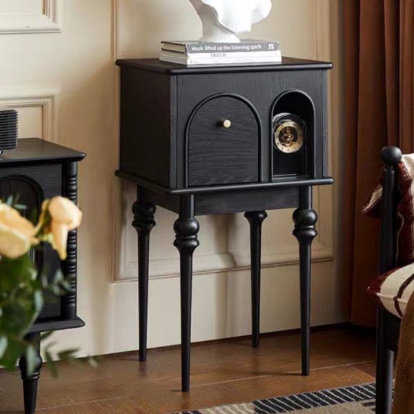 Modern Mid-Century Solid Wood Black Side Table With Slim Legs 1-Cabinet For Living Room - Image 2