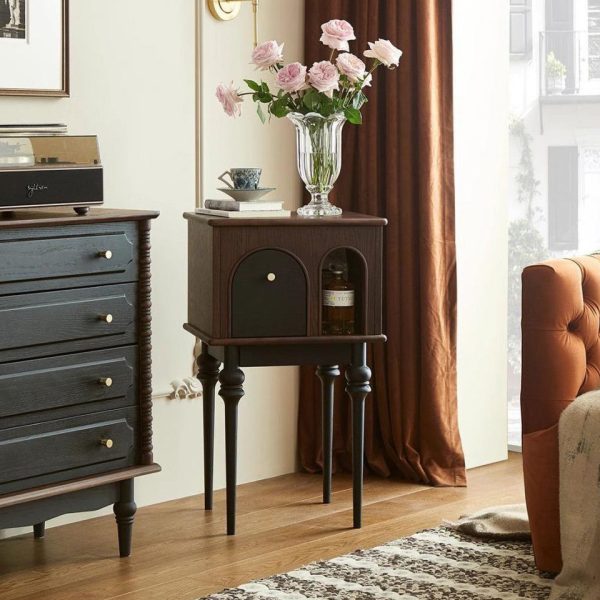 Modern Mid-Century Solid Wood Black Side Table With Slim Legs 1-Cabinet For Living Room - Image 15