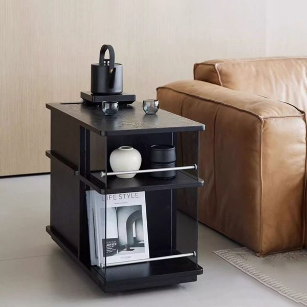 Modern Minimalist Slidable Black Solid Wood Coffee Table With Glass & Stainless Steel, 3-Cabinet For Living Room - Image 2