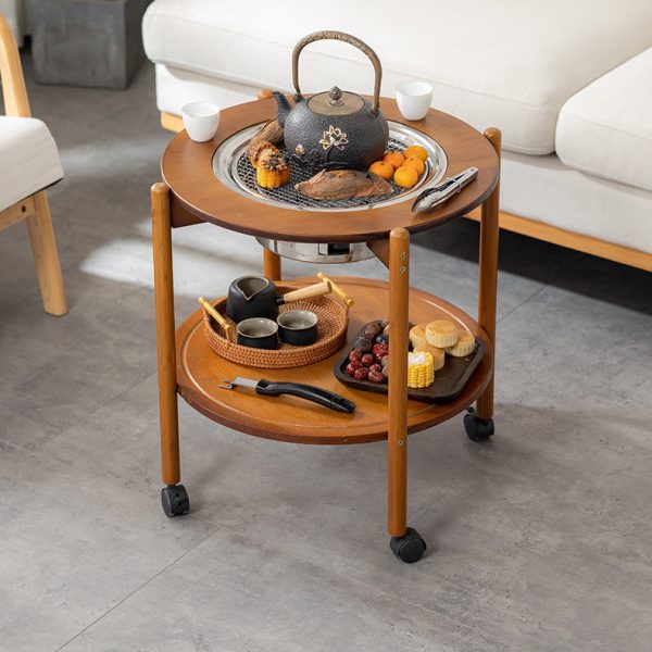 Traditional Chinese Round Tabletop Bamboo Coffee Table Slidable 2-Tier For Living Room