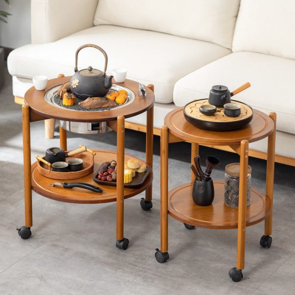Traditional Chinese Round Tabletop Bamboo Coffee Table Slidable 2-Tier For Living Room - Image 2