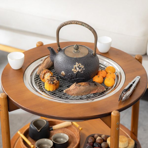 Traditional Chinese Round Tabletop Bamboo Coffee Table Slidable 2-Tier For Living Room - Image 7