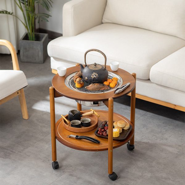 Traditional Chinese Round Tabletop Bamboo Coffee Table Slidable 2-Tier For Living Room - Image 9