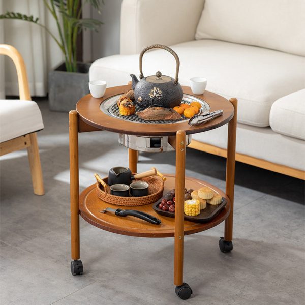 Traditional Chinese Round Tabletop Bamboo Coffee Table Slidable 2-Tier For Living Room - Image 3