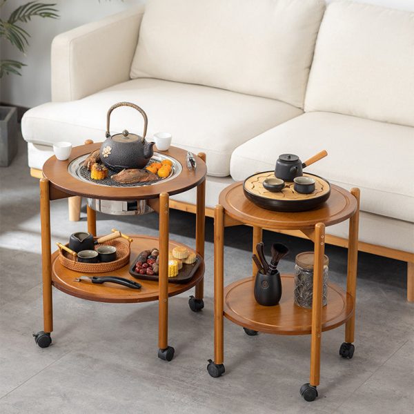 Traditional Chinese Round Tabletop Bamboo Coffee Table Slidable 2-Tier For Living Room - Image 10
