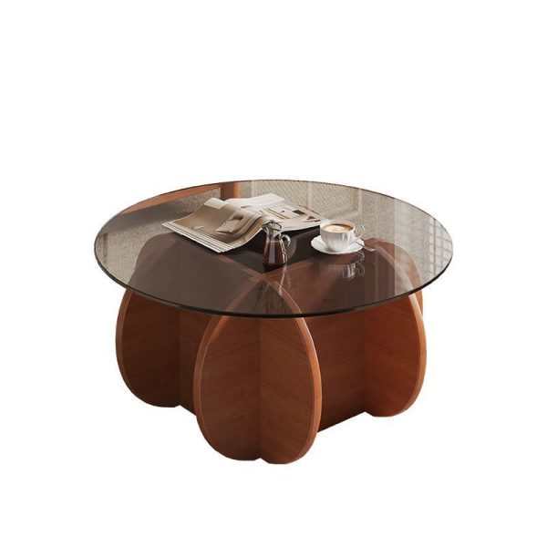 Modern Eclectic Round Glass Coffee Table With Rubberwood Base For Living Room - Image 11