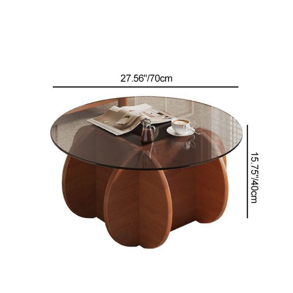 Modern Eclectic Round Glass Coffee Table With Rubberwood Base For Living Room - Image 12