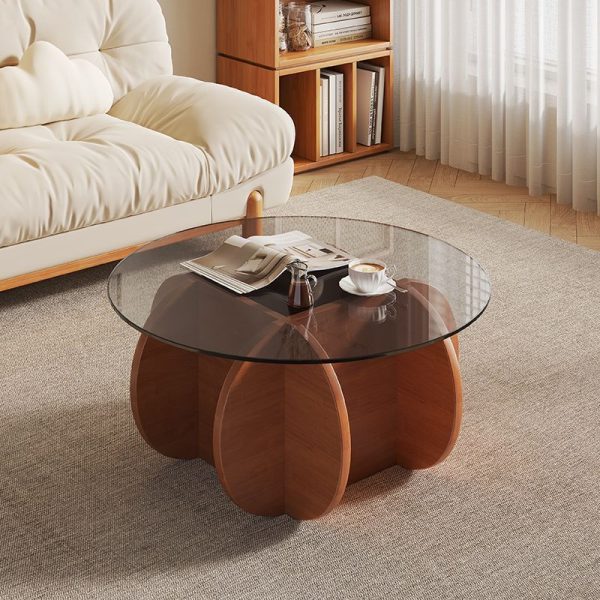 Modern Eclectic Round Glass Coffee Table With Rubberwood Base For Living Room - Image 2