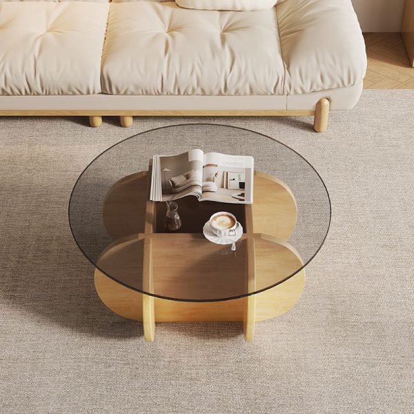 Modern Eclectic Round Glass Coffee Table With Rubberwood Base For Living Room - Image 3