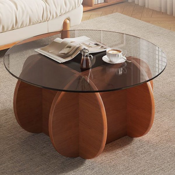 Modern Eclectic Round Glass Coffee Table With Rubberwood Base For Living Room - Image 4
