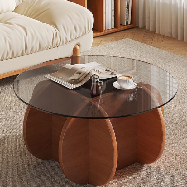 Modern Eclectic Round Glass Coffee Table With Rubberwood Base For Living Room - Image 6