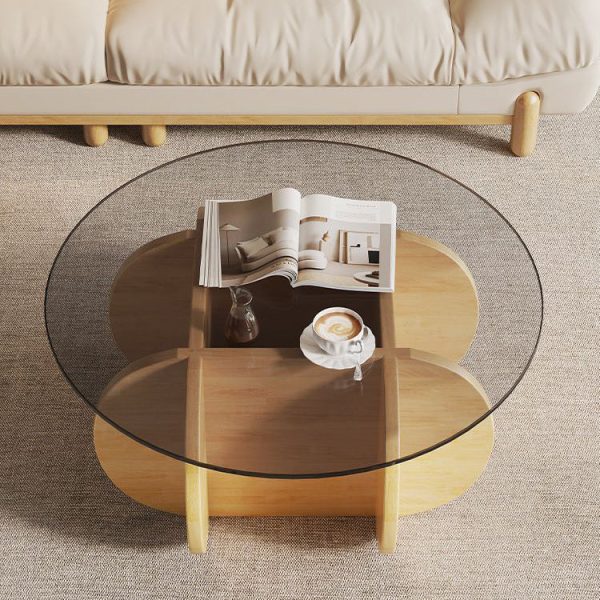 Modern Eclectic Round Glass Coffee Table With Rubberwood Base For Living Room - Image 7