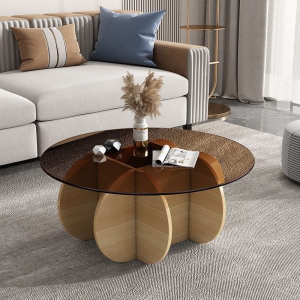 Modern Eclectic Round Glass Coffee Table With Rubberwood Base For Living Room - Image 9