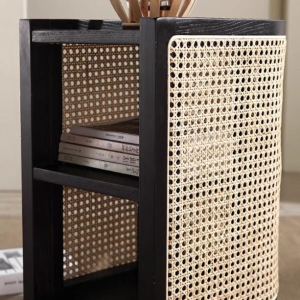 Traditional Japanese Oval Tabletop Solid Wood Rattan Nightstand 2-Cabinet For Bedroom - Image 8