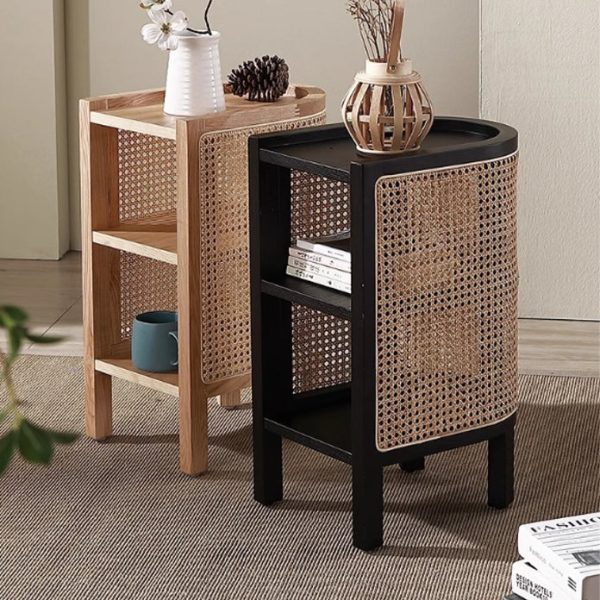 Traditional Japanese Oval Tabletop Solid Wood Rattan Nightstand 2-Cabinet For Bedroom