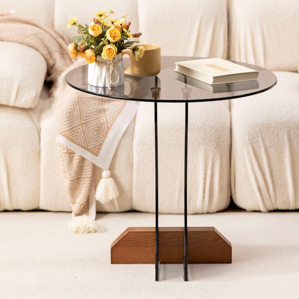 Contemporary Nordic Round Glass Side Table With Solid Wood Base For Living Room - Image 14