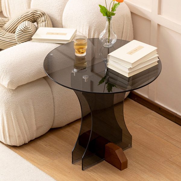 Contemporary Nordic Round Glass Side Table With Solid Wood Base For Living Room - Image 15