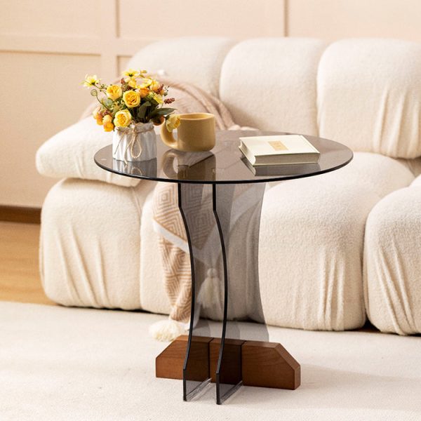 Contemporary Nordic Round Glass Side Table With Solid Wood Base For Living Room - Image 16